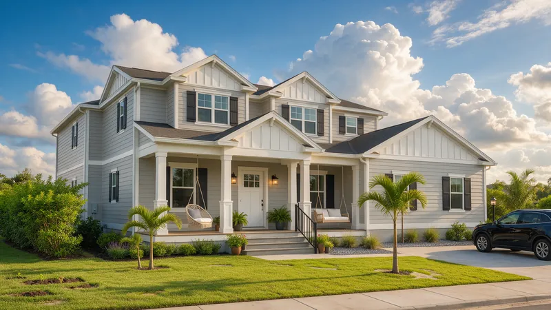 Florida two-story home with light gray fiber cement lap siding and board-and-batten gables