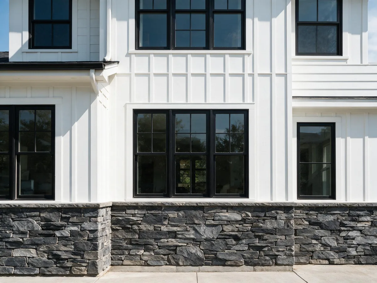 Stone veneer wainscot under board and batten siding on a home exterior