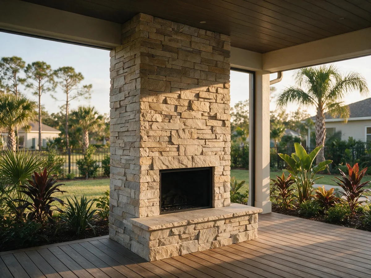Outdoor fireplace on a covered Florida lanai clad in stone veneer