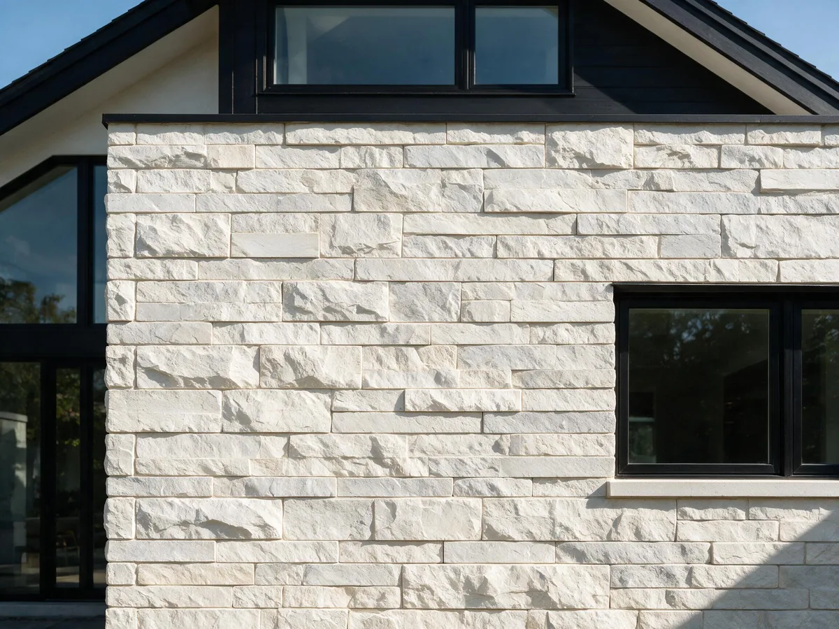 Linear cut stone veneer facade detail in a white and grey blend