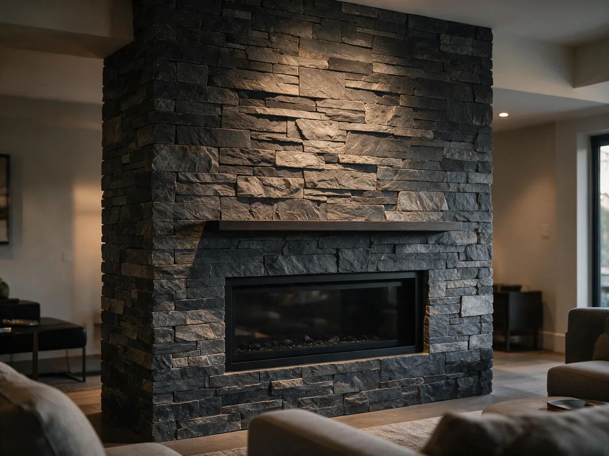 Interior fireplace clad floor to ceiling in charcoal stone veneer