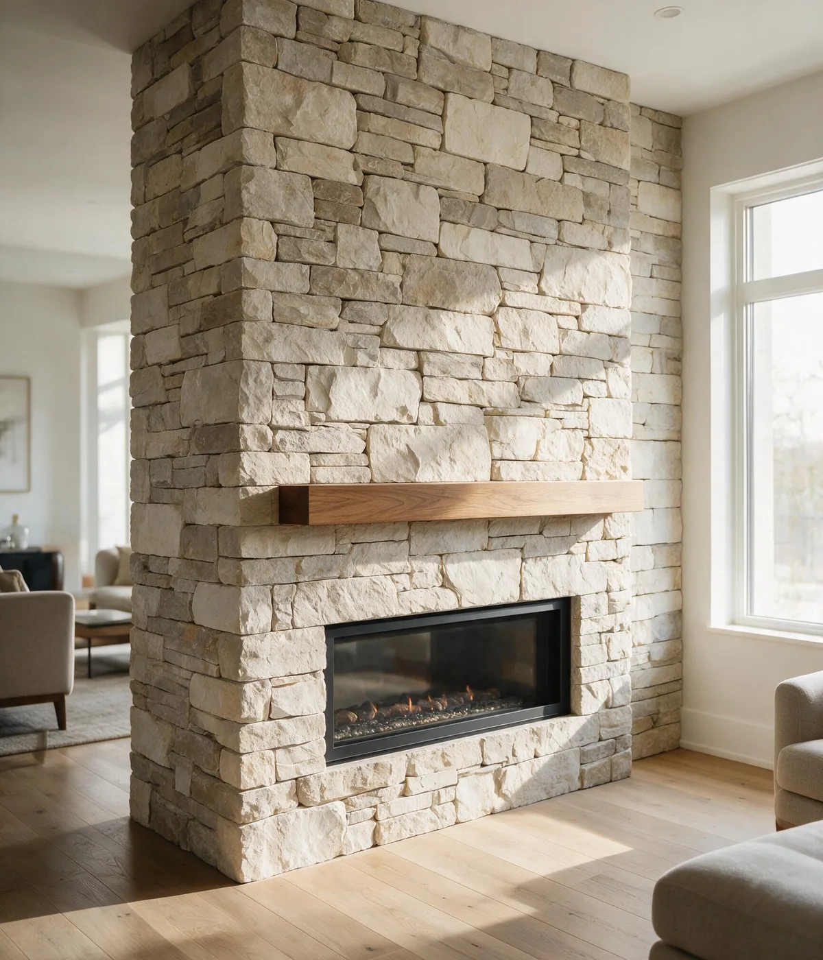 Full-height interior fireplace surround in stacked stone veneer with a wood mantel