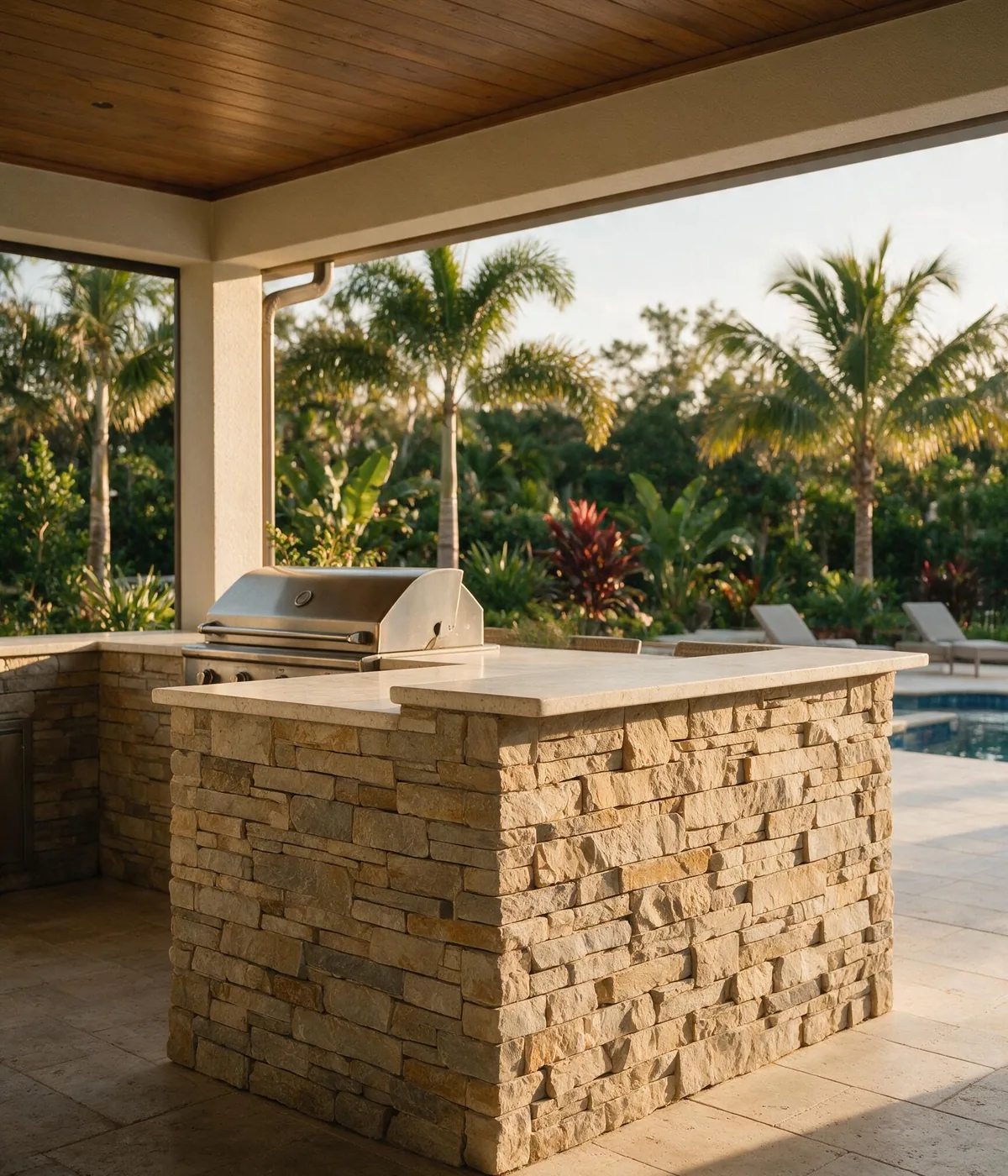 Outdoor kitchen island on a Florida lanai clad in stacked stone veneer