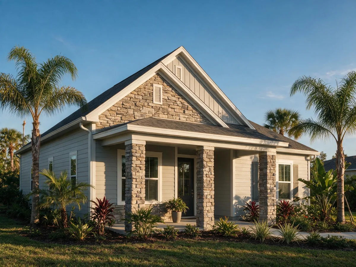 Florida home with stone veneer on the front gable and porch columns