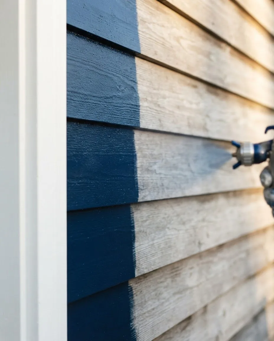 Lap siding being repainted deep navy blue over weathered boards