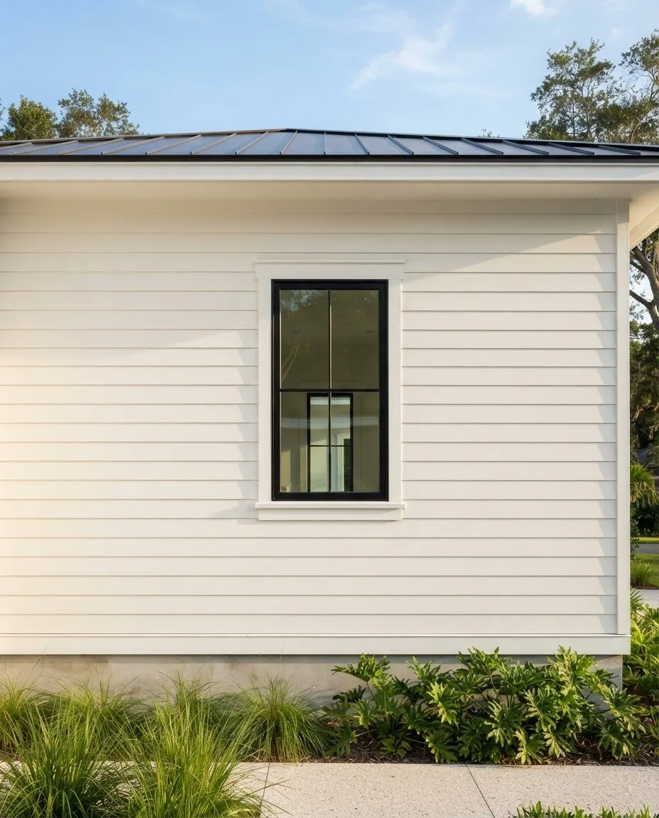 Crisp white lap fiber cement siding wall with black-framed window